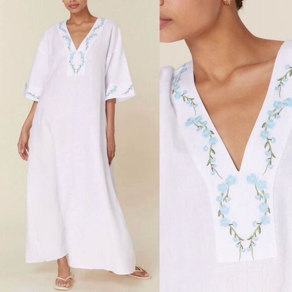 Andie x Fanm Mon Kepez Embroidered Linen Maxi Kaftan Dress Sz M NWT - Picture 1 of 16